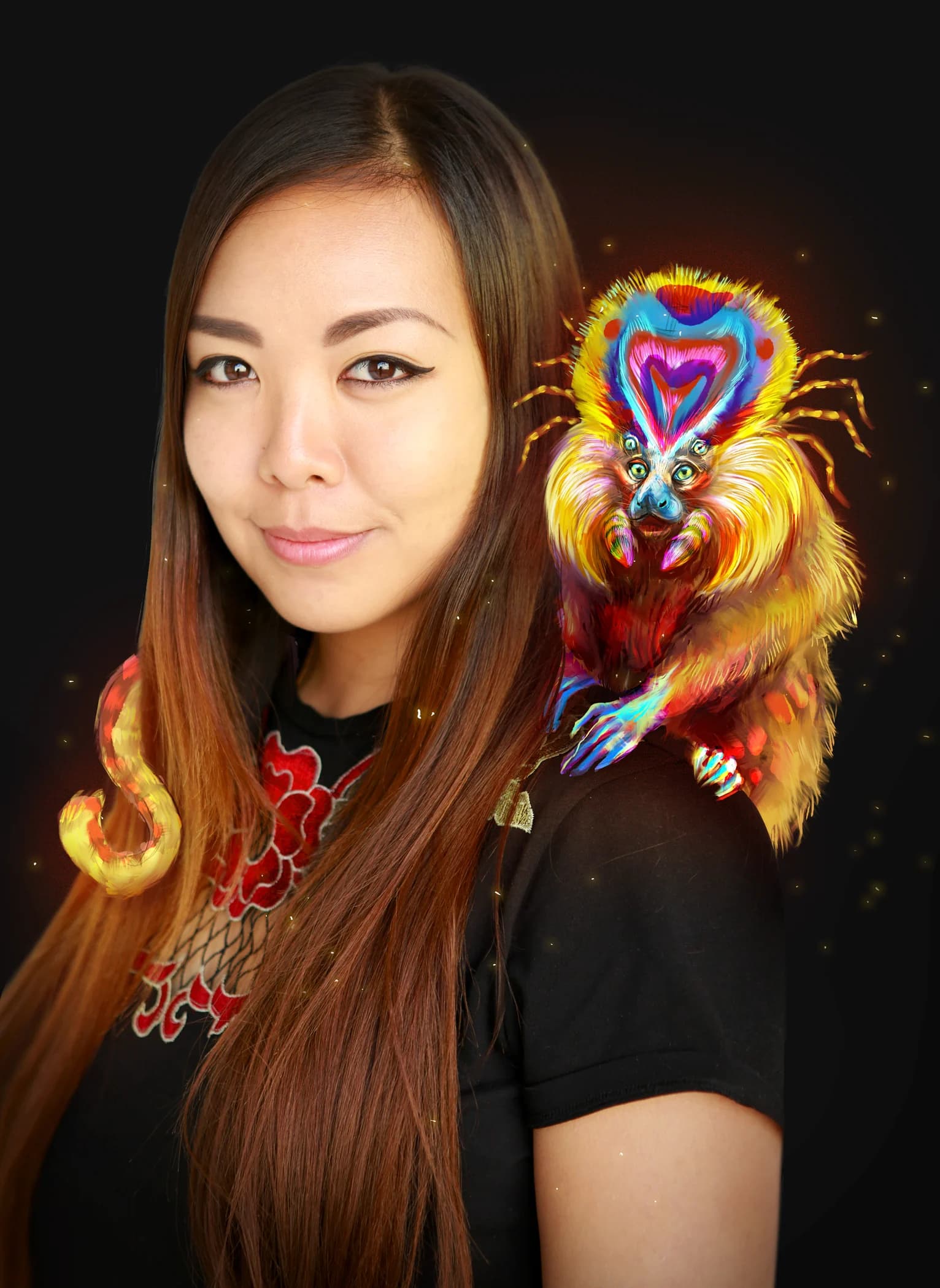 Portrait of Angie with a colourful digital creature illustration