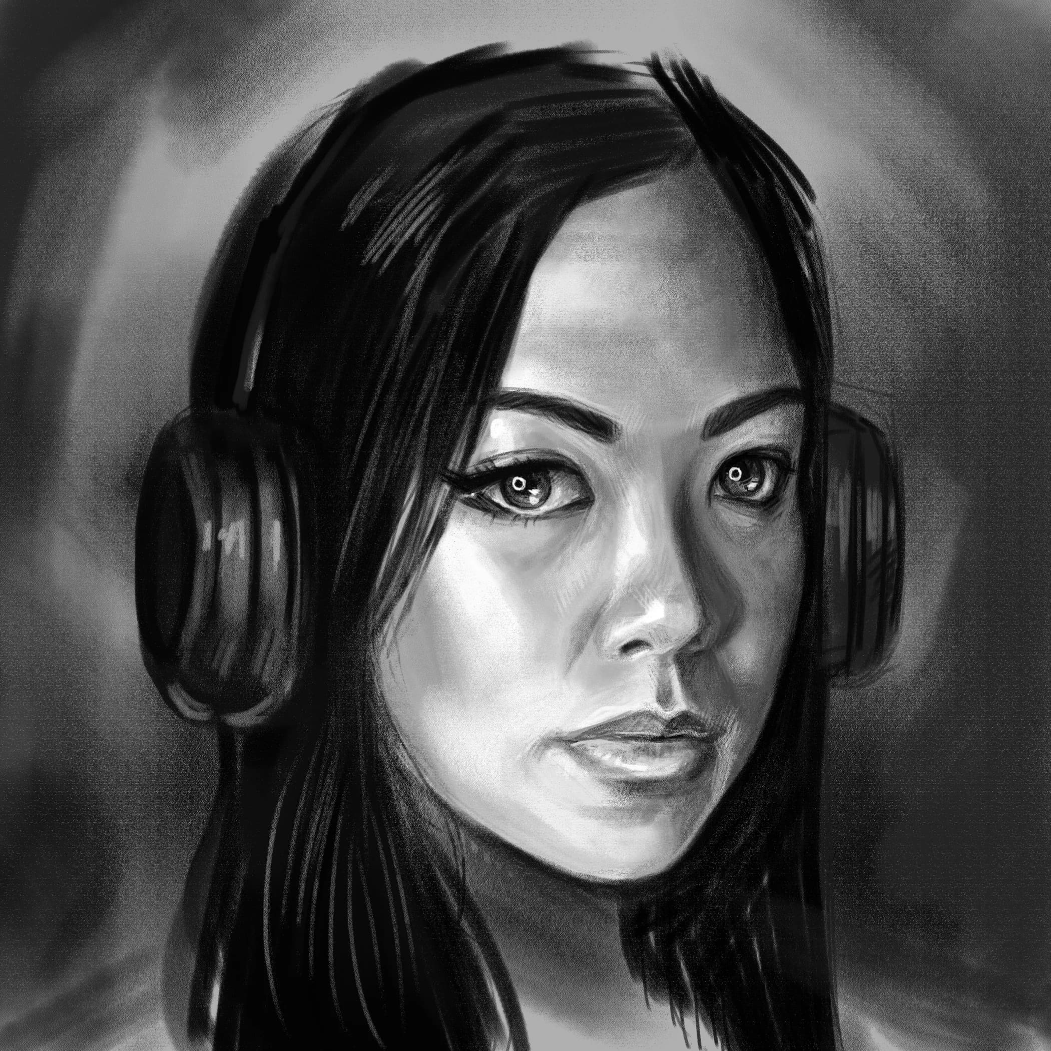 Angie's black-and-white self-portrait drawing