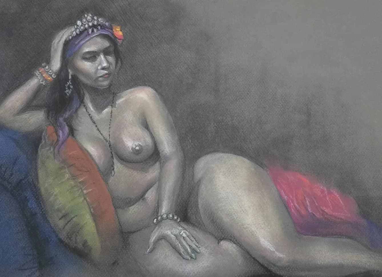 Pastel life drawing of a reclining woman by Anqi