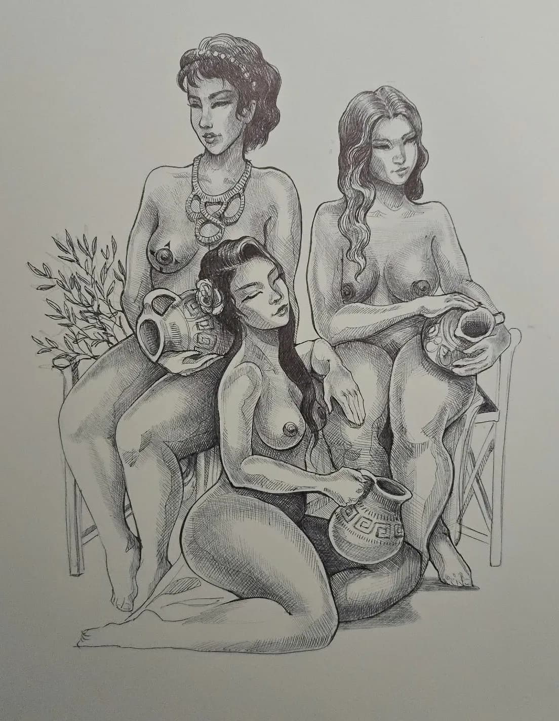 Pencil life drawing of three women by Anqi