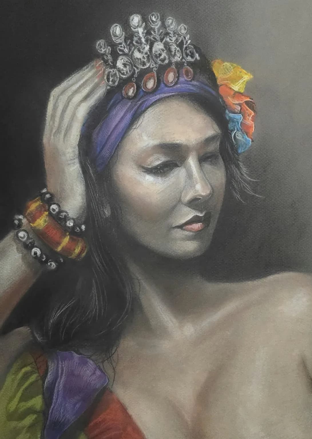 Pastel portrait of a woman in a jewelled headdress by Anqi