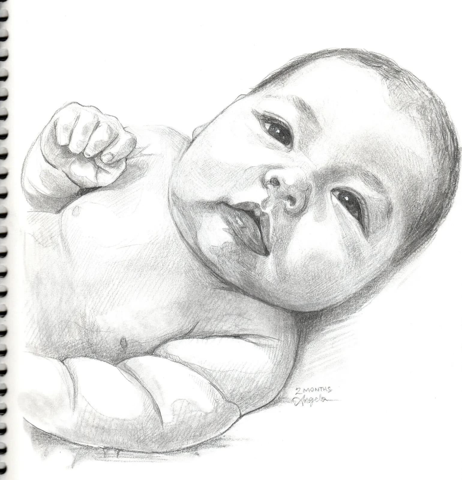 Pencil drawing of a sleeping baby by Anqi
