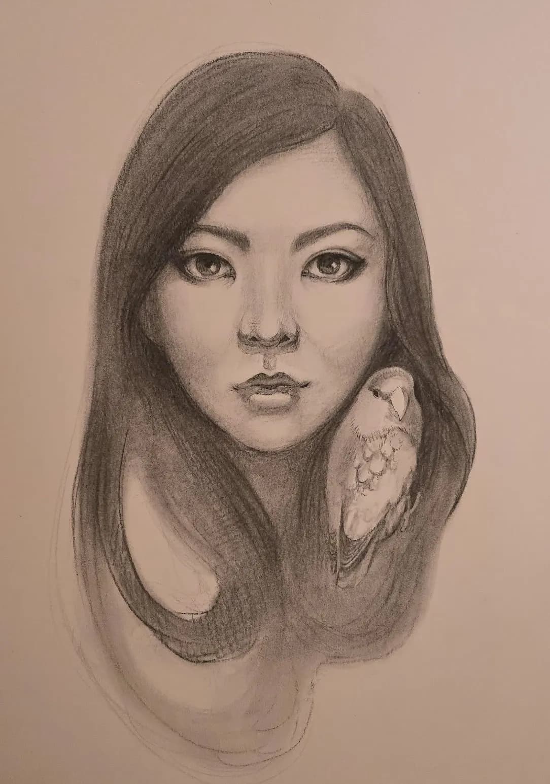 Pencil portrait of a woman with long hair by Anqi