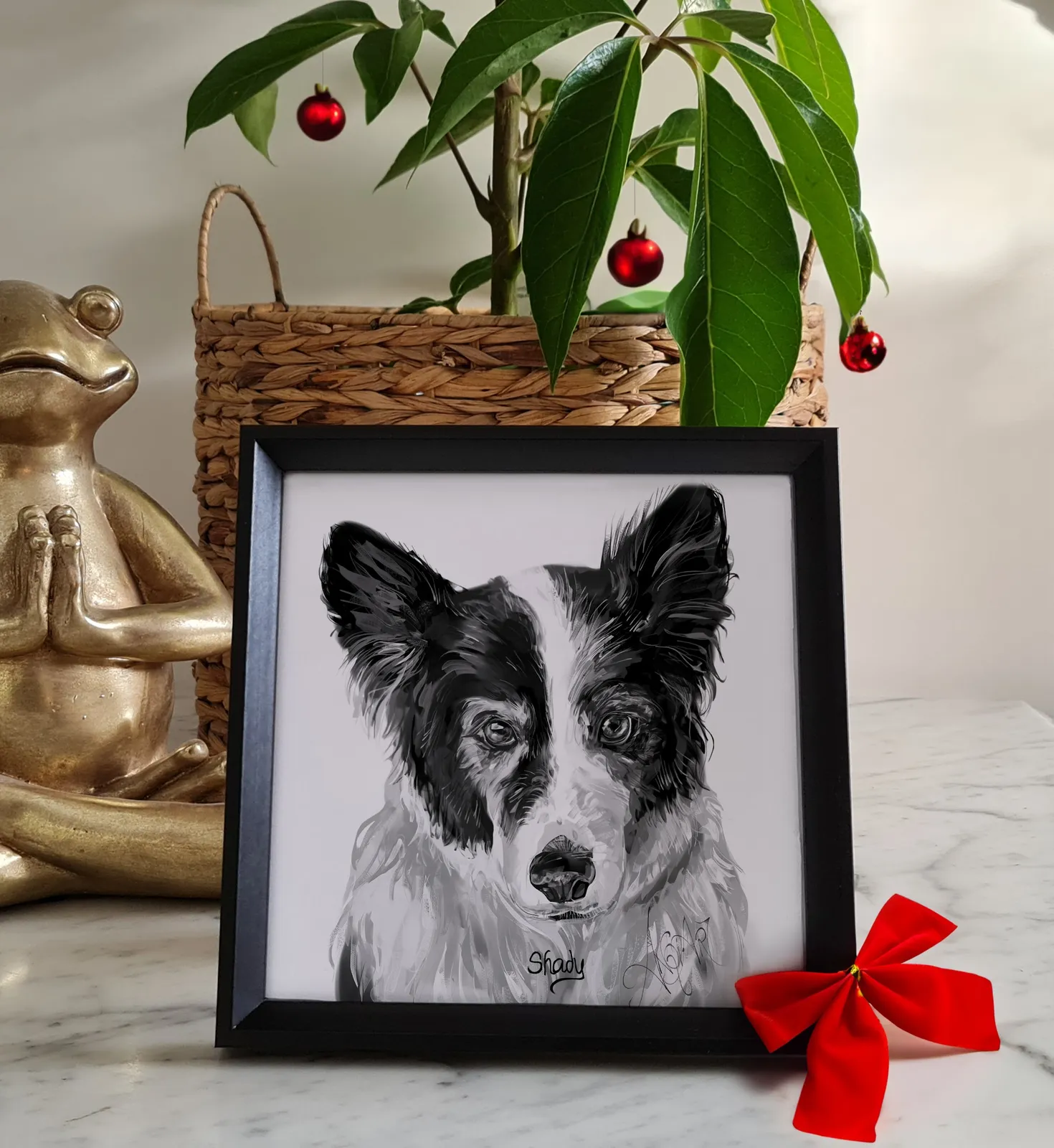 Framed pencil-style pet portrait with a red bow, ready to give